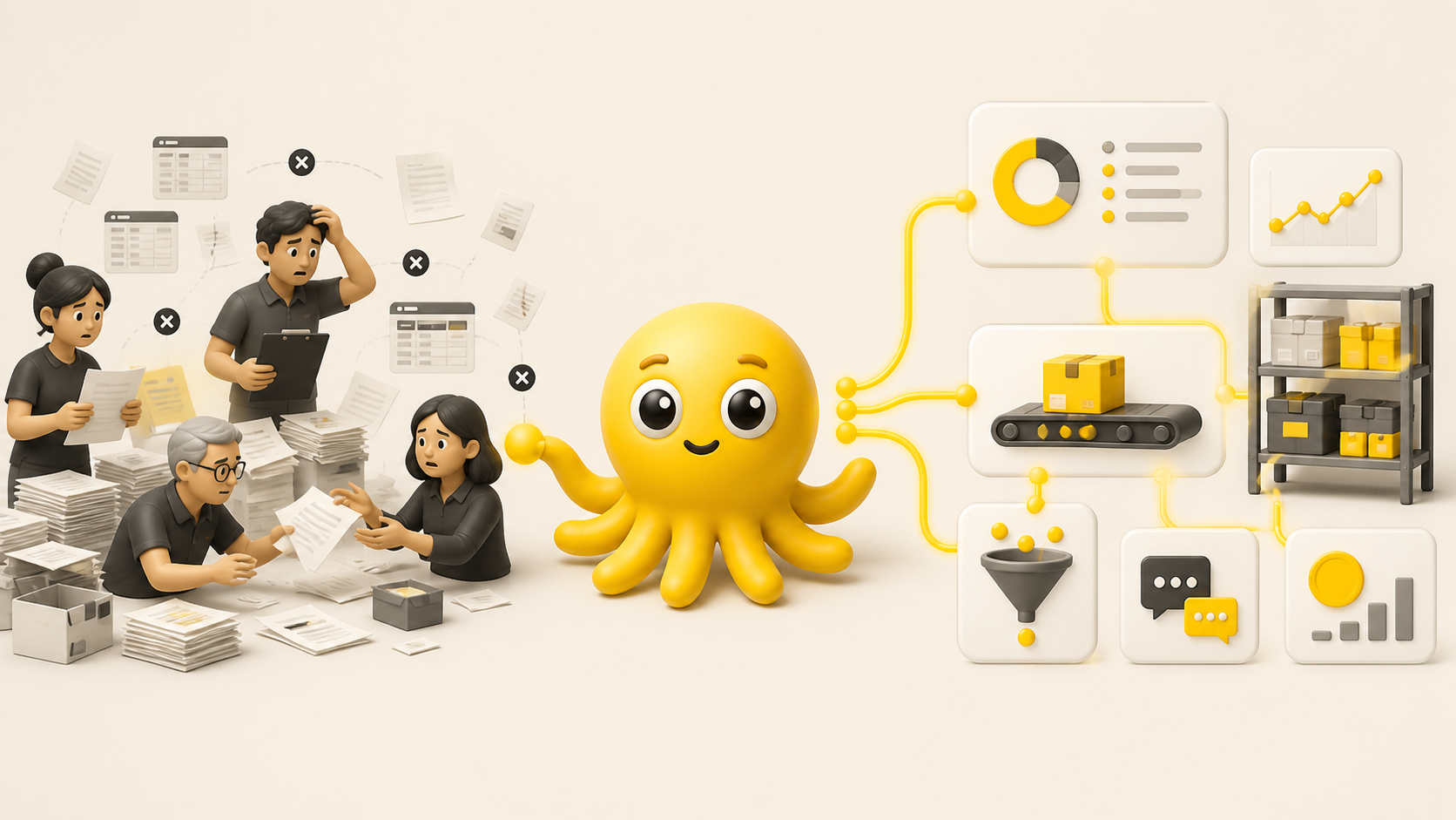 Equipe transformando controles manuais em uma operação digital organizada com a Octojack